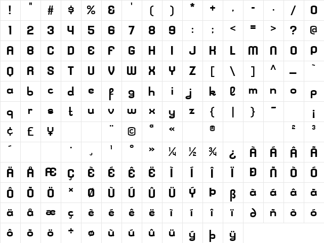 Kleptocracy Expanded Bold  glyph index