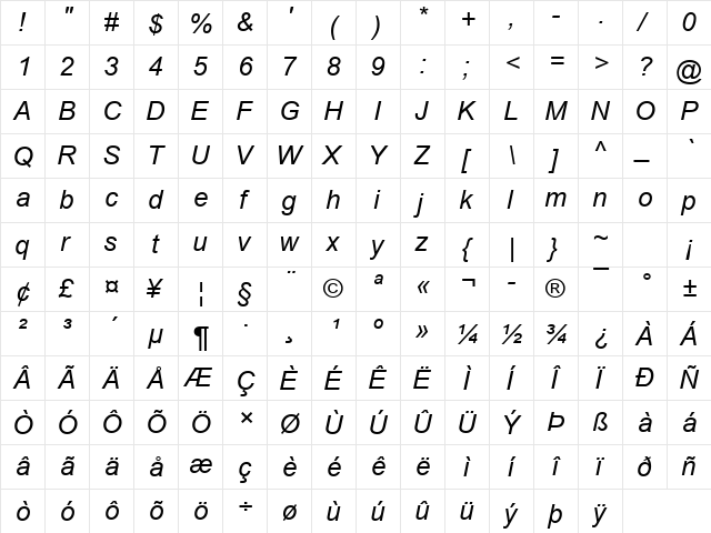 Arial Italic  glyph index