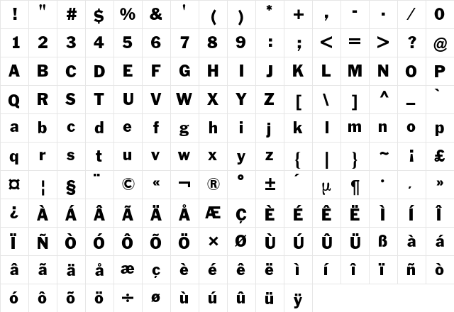 Franklin ATF BQ Regular  glyph index