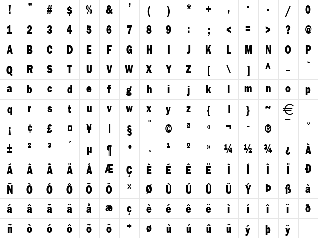 FrancisGothicReduced Normal  glyph index
