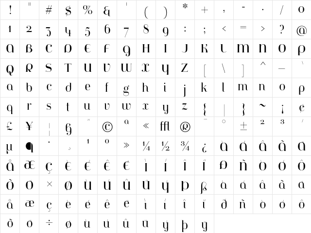 Jeanne Moderno OT Roman  glyph index