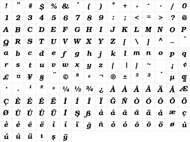 TR Bookman Bold Italic  glyph index