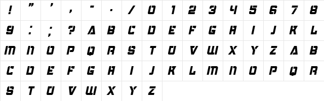 Bombardment Italic  glyph index