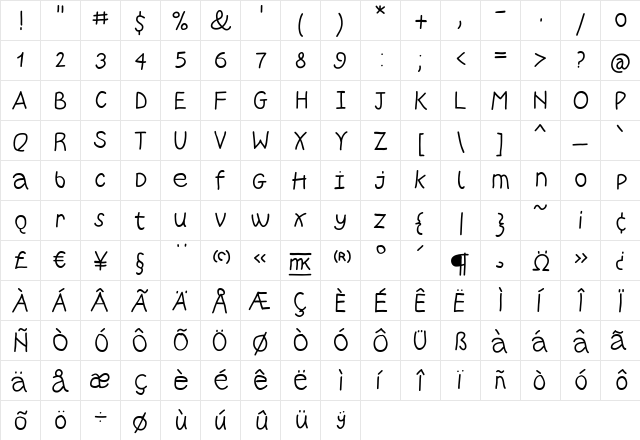 WritersFont Regular  glyph index