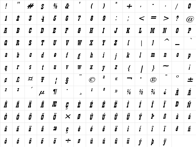 Billboard 11 Wide Italic  glyph index