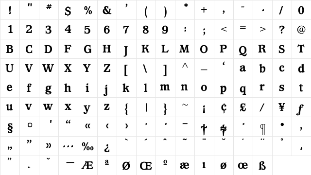 WaverlyExtraBold Regular  glyph index