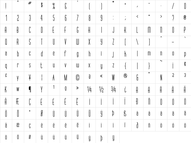 VertigoPlusFLF Regular  glyph index