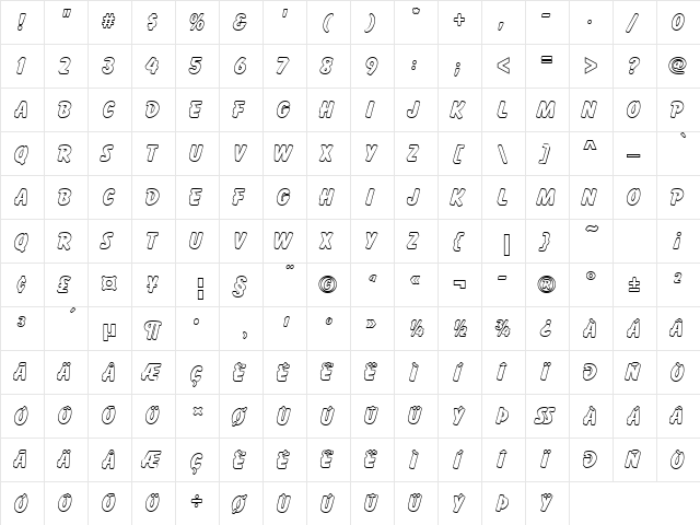 Balloon Becker Outline Ext Bold Regular  glyph index