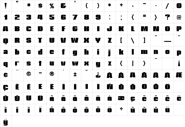 HeavyHeavyFat Regular  glyph index