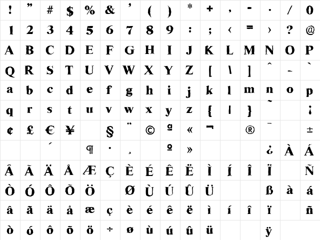 RiccioneAntique-Xbold Regular  glyph index