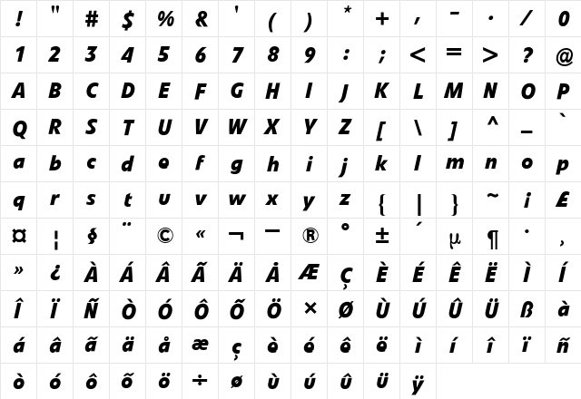 Evo BQ ItalicBold  glyph index