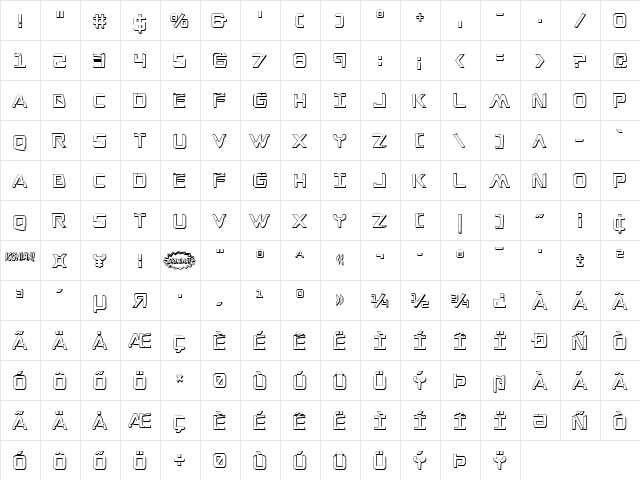 War Eagle 3D Condensed Condensed  glyph index