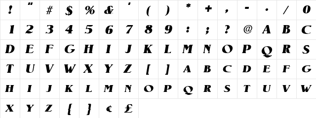 PineCaps Oblique  glyph index