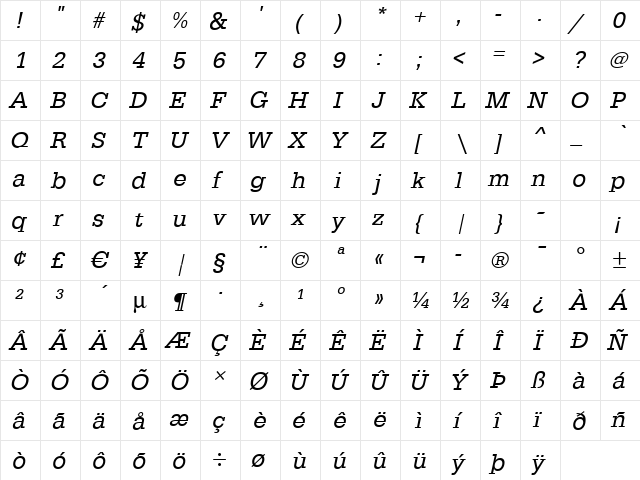EgyptienneStd Italic  glyph index