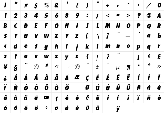 Futura Condensed Extra Bold Italic  glyph index