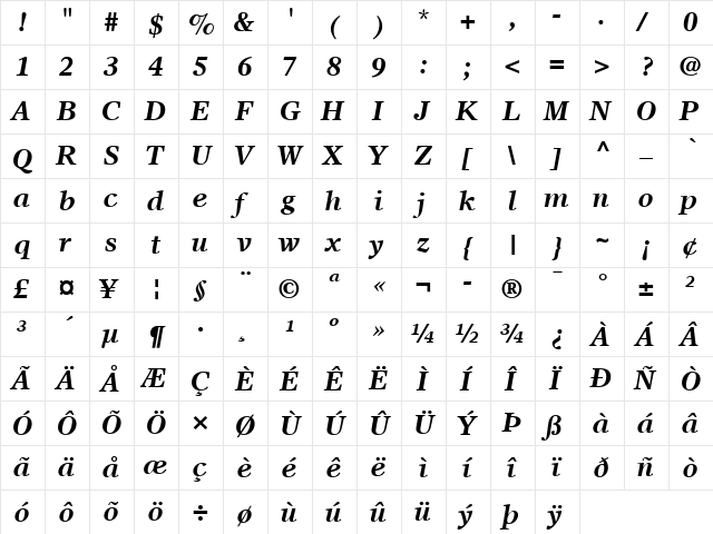 Olympian LT Bold Italic  glyph index