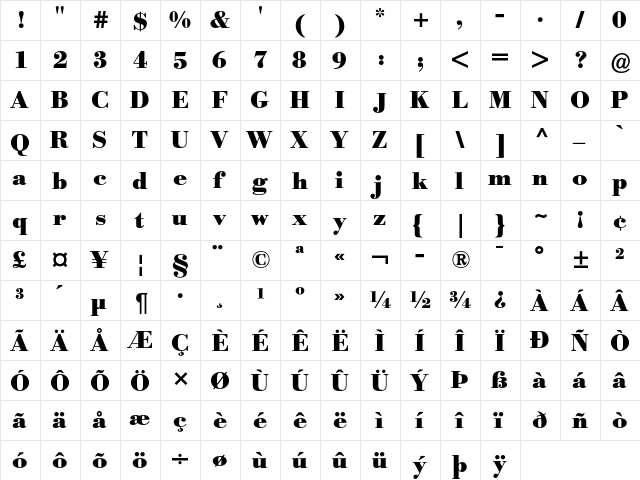 Bodoni BE Bold  glyph index