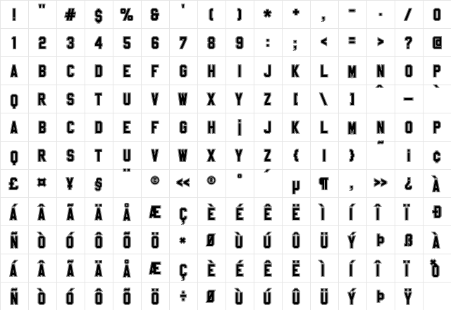 Sablon Up College  glyph index