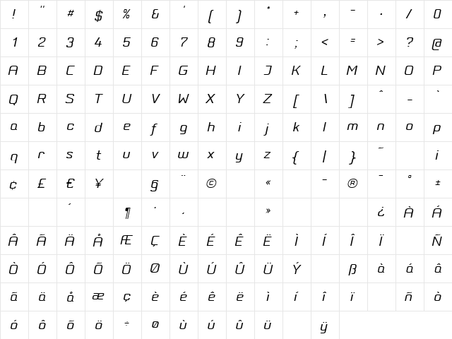 PositecLightItalic Regular  glyph index