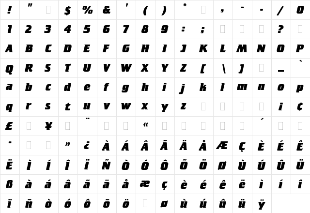 Crillee Extra Bold Italic Plain  glyph index