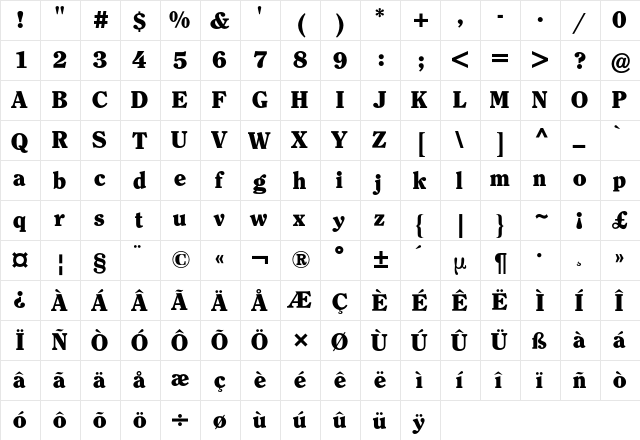 Clearface ITC BQ Regular  glyph index