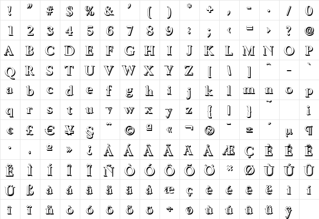 BelfastShadow Bold  glyph index