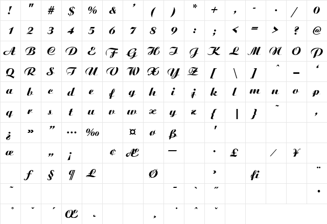 Ariston-Extra Bold Italic  glyph index