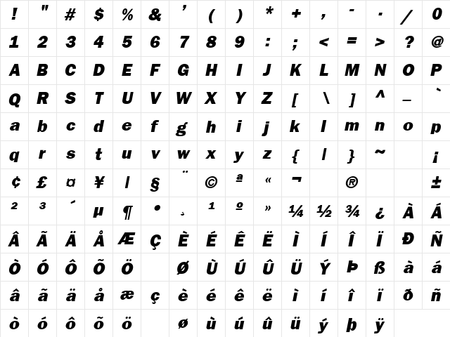 Moby Dick 8 Italic  glyph index