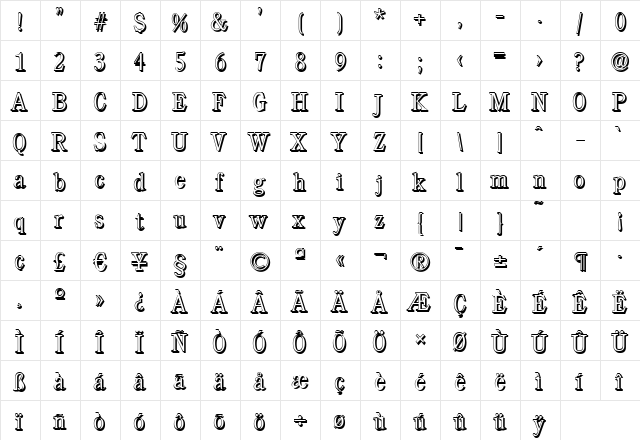 DanielBeckerShadow-Xlight Regular  glyph index