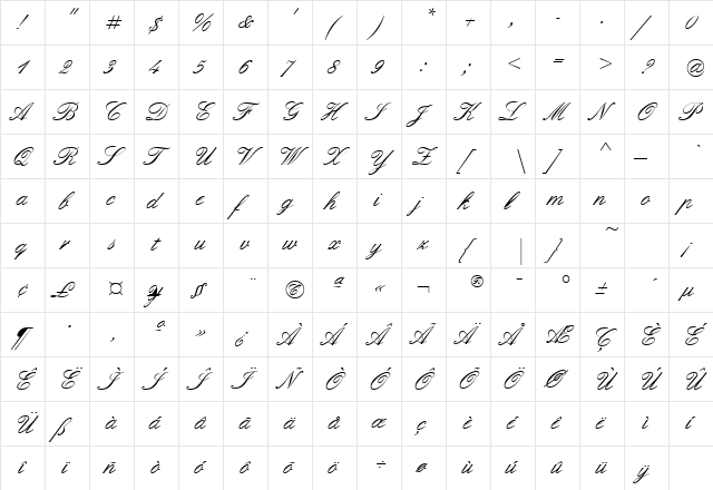 EnglishScriptEF Regular  glyph index