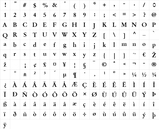 StempelGaramond LT Roman Bold  glyph index