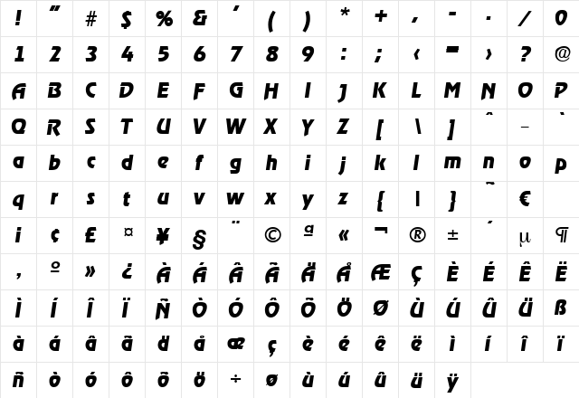 Ragtime-BoldIta Regular  glyph index