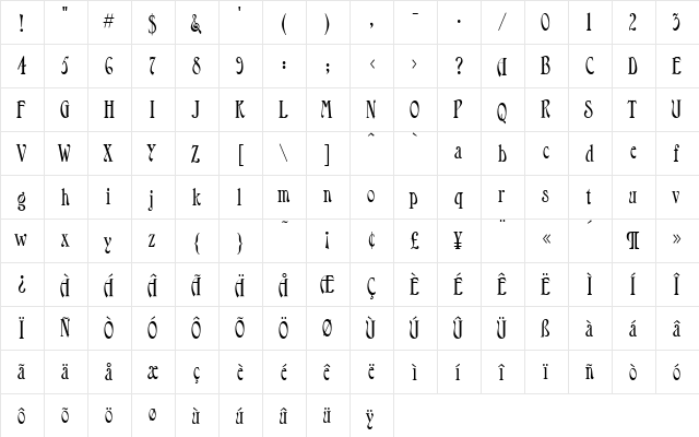 Longfellow Regular  glyph index