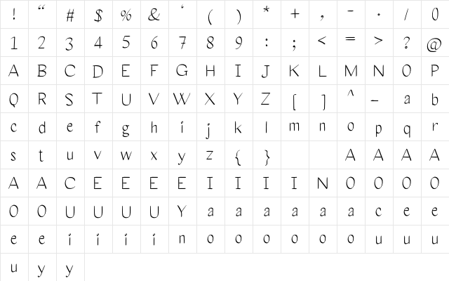 Calligraphy Regular  glyph index