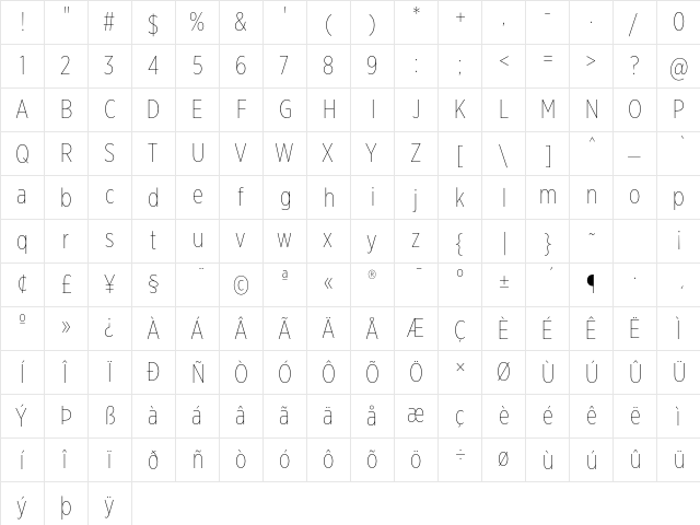 Gotham XNarrow Thin  glyph index
