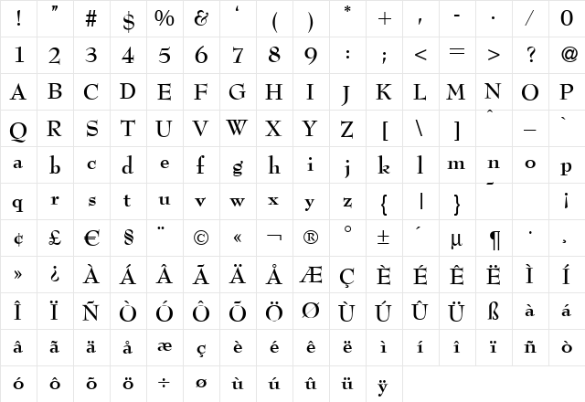 BernhardModern Bold  glyph index