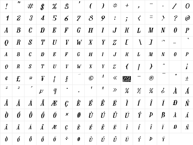 Jacques Italic  glyph index