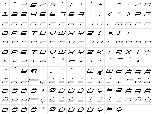 QuickQuick Super-Italic Italic  glyph index