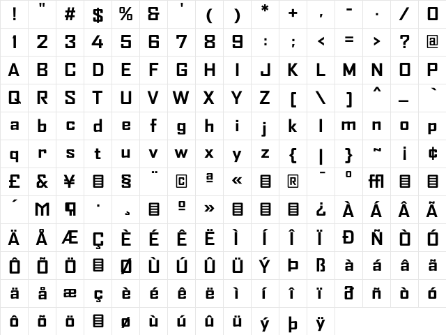 AgencyFB BoldWide  glyph index