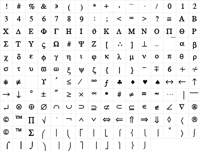 Greek Bold  glyph index