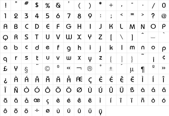 BauhausMedium Regular  glyph index