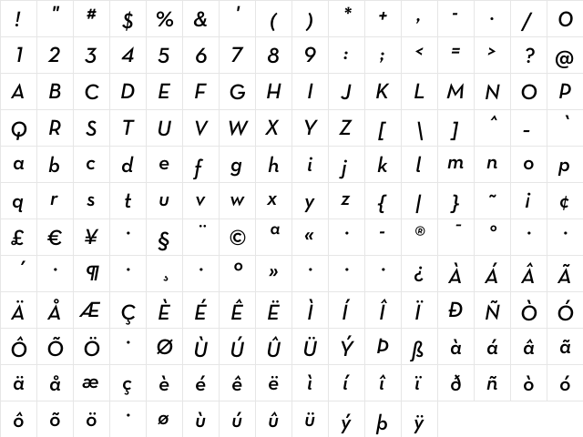 Neutra Text Light Alt Demi Italic  glyph index