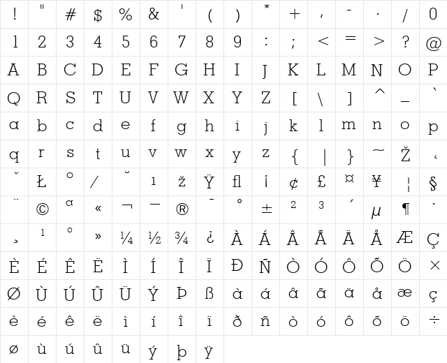 GeoSlab703-Light Regular  glyph index