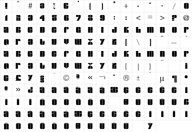GLORIA Regular  glyph index