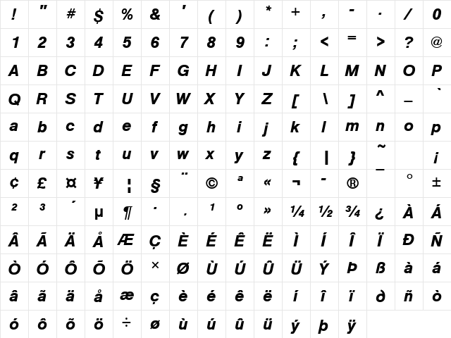 Nimbus Sans Becker T Bold Italic  glyph index