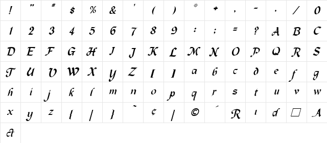 MacHumaine Italic  glyph index