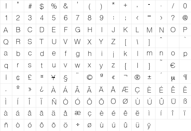 Olympia-Xlight Regular  glyph index