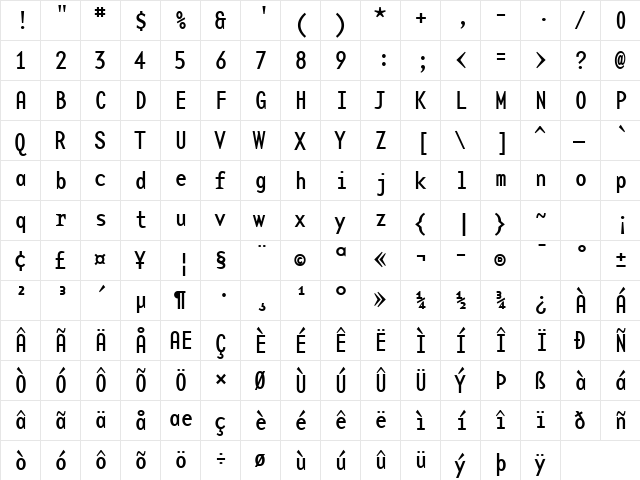 BaseMonoNarrowReg Regular  glyph index