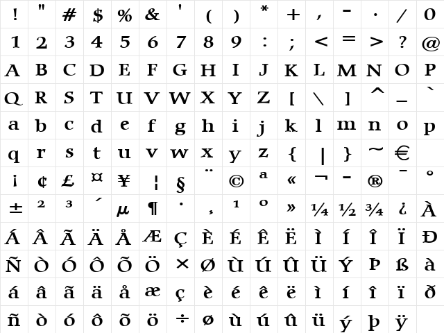 CarmineWide Bold  glyph index