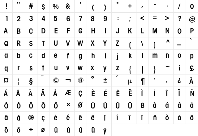 Avant Garde Condensed BQ Regular  glyph index